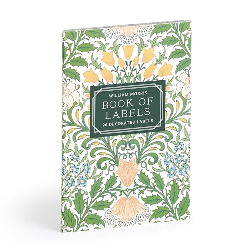Floral book cover titled "William Morris Book of Labels" with green accents.