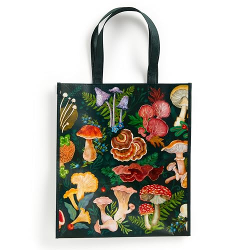 Black reusable shopping bag with colorful illustrated mushrooms and ferns.