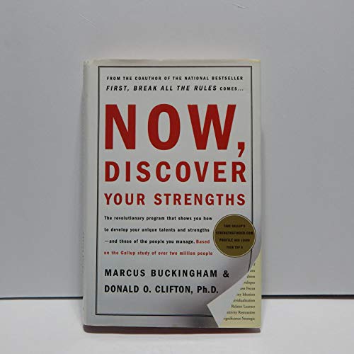 Book cover: "Now, Discover Your Strengths" with red title text.