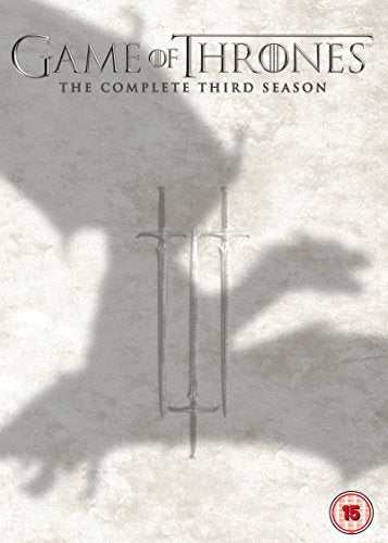 Game of Thrones Season 3 DVD cover featuring three swords and a dragon shadow.