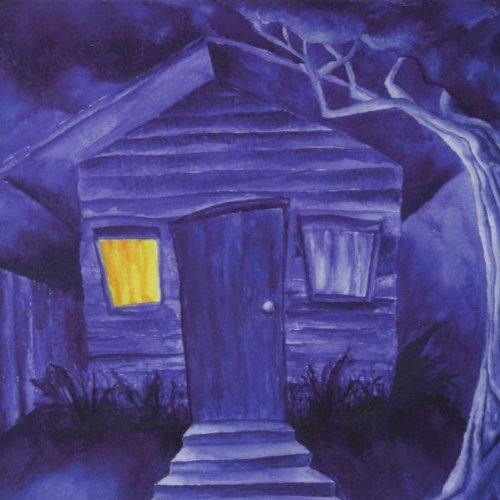 Painted blue cabin with a lit window, dark tree branches overhead.