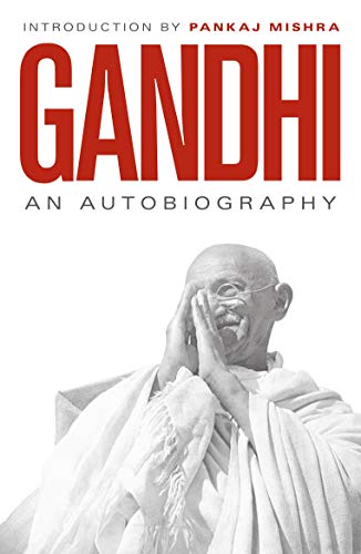 Book cover: Gandhi’s autobiography with a portrait of him in grayscale.