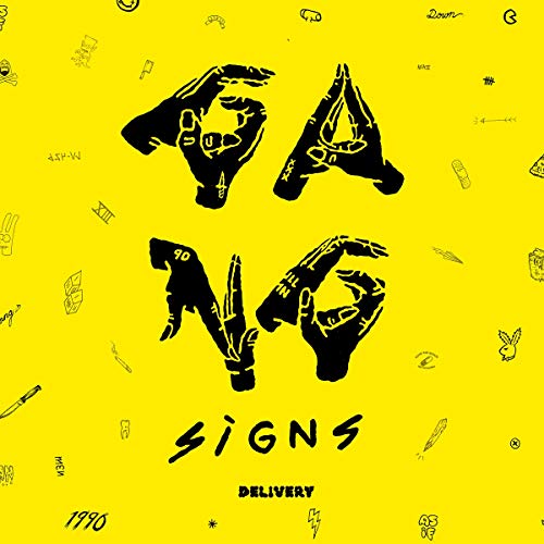 Yellow vinyl record cover with black hand gestures and text.