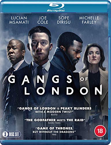 Gangs of London" Blu-ray cover featuring four serious-looking actors in a rainy scene.