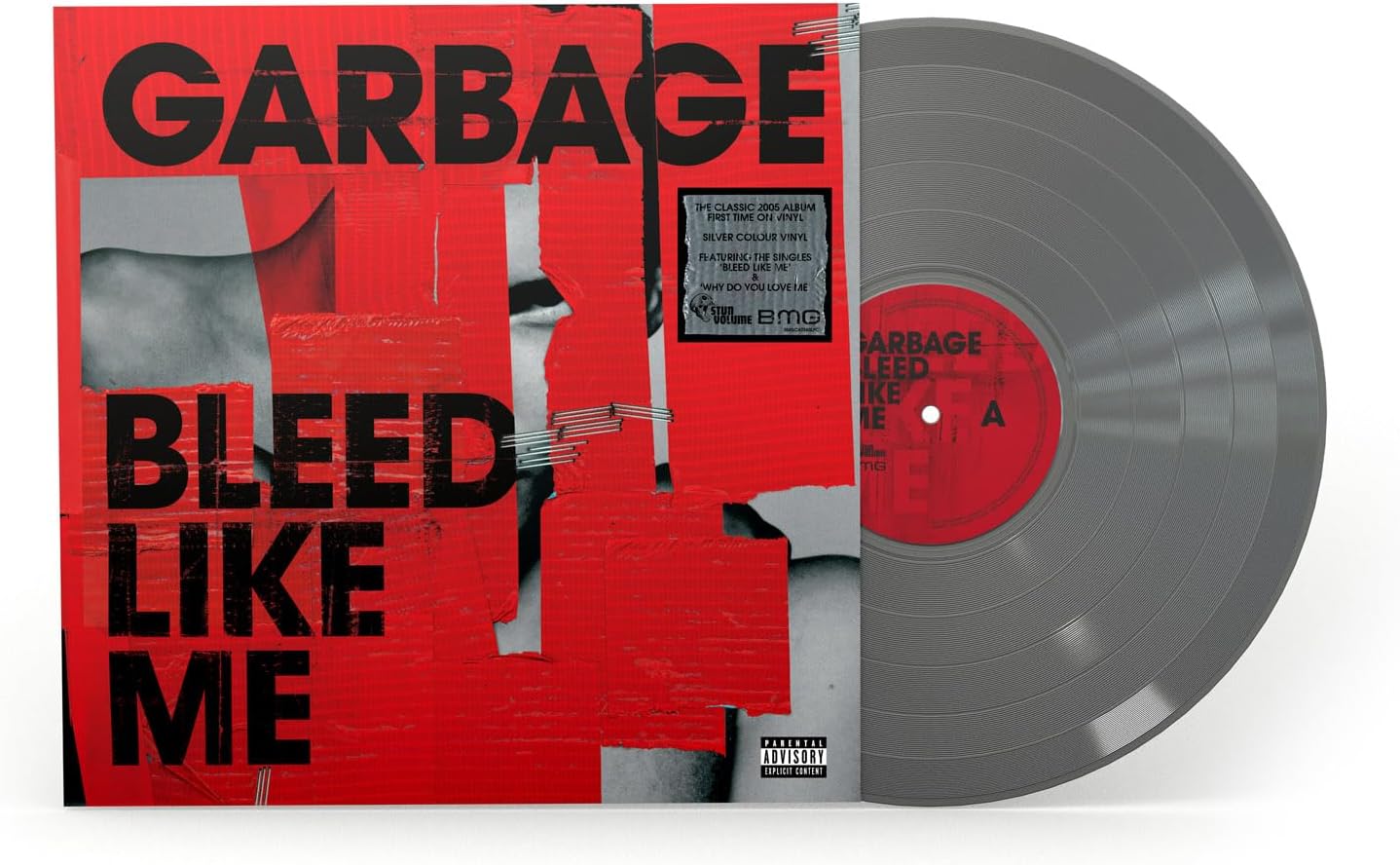 Garbage "Bleed Like Me" vinyl record with red cover and black label.