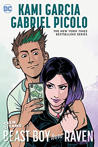 Book cover featuring Beast Boy and Raven looking at a phone together.