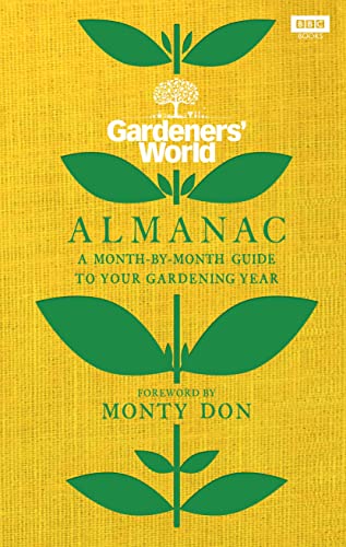 Yellow book cover with green leaves and “Gardeners’ World Almanac” title.
