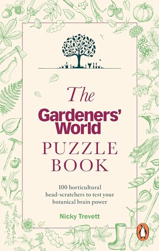 Book cover with floral illustrations and title "The Gardeners' World Puzzle Book".