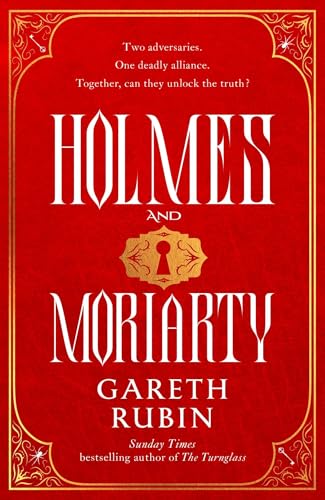Book cover with red background, gold keyhole icon, and white text Holmes and Moriarty.