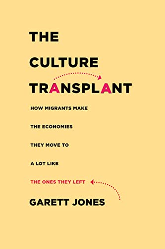 Book cover: "The Culture Transplant" by Garett Jones, yellow background.