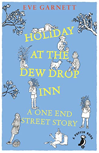 Book cover for Holiday at the Dew Drop Inn with line drawings on blue.