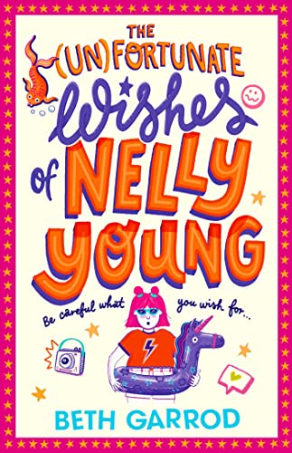 Book cover with colorful lettering, a girl, unicorn, and fish illustration.