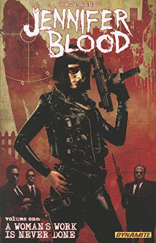 Comic book cover: woman with guns, red background, and shadowy figures.