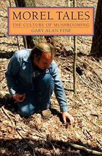 Book cover featuring a man crouching in a forest, examining mushrooms.