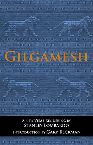 Book cover for "Gilgamesh" with repeating lion reliefs in blue tones.