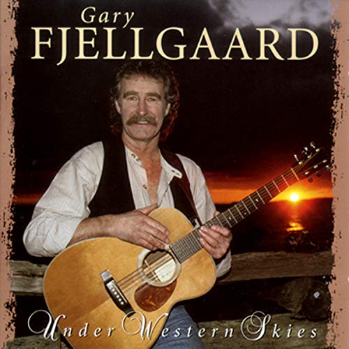 Gary Fjellgaard holding an acoustic guitar against a sunset backdrop.