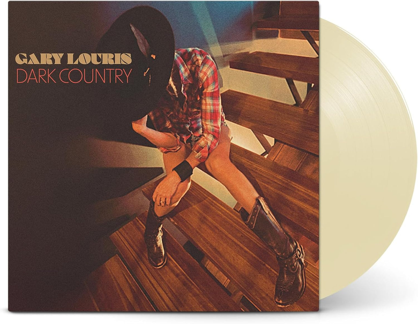 Vinyl record cover showing a person in a plaid shirt sitting on wooden stairs.