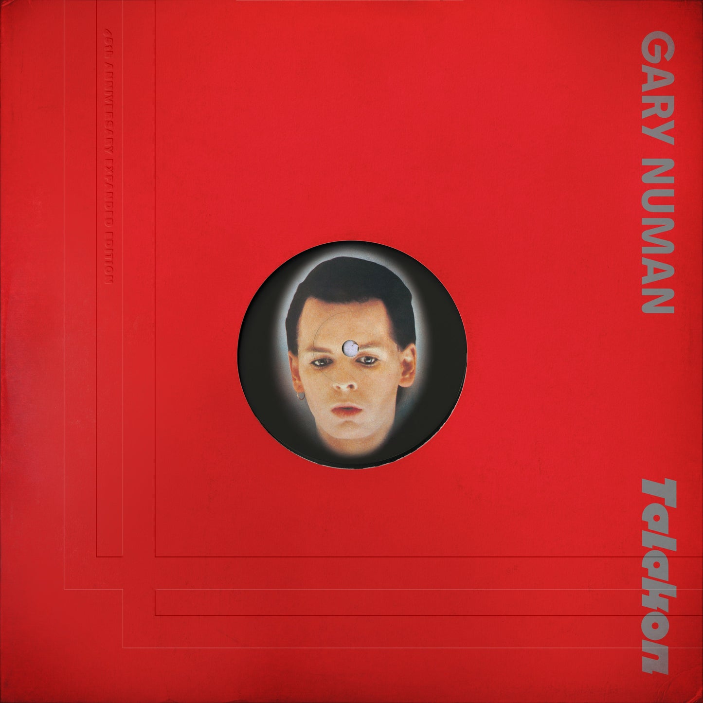 Red album cover featuring Gary Numan’s portrait within a black circle.