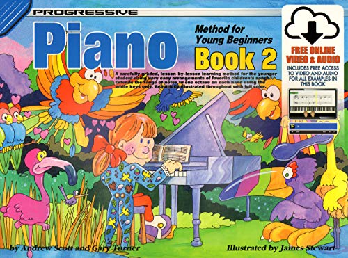 Cover of Progressive Piano Method for Young Beginners Book 2 featuring cartoon animals and child.