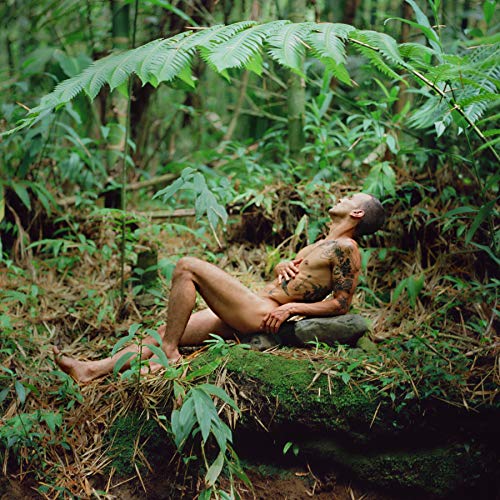 A shirtless man with tattoos reclining on a mossy rock in a lush forest.
