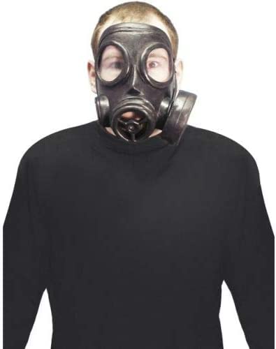 Black gas mask with large eye lenses worn by a person.