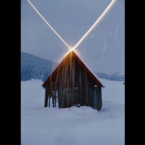Snowy landscape with a small, dark cabin and bright light streaks above.