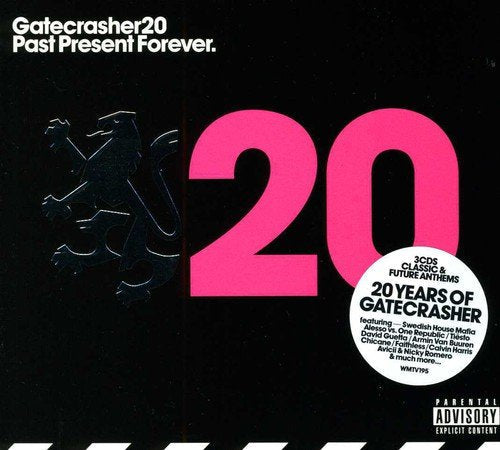 Black Gatecrasher 20 CD cover with large pink “20” and lion logo.