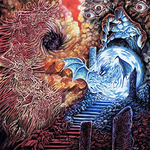 Surreal, detailed album cover with monstrous figures and a glowing stairway.