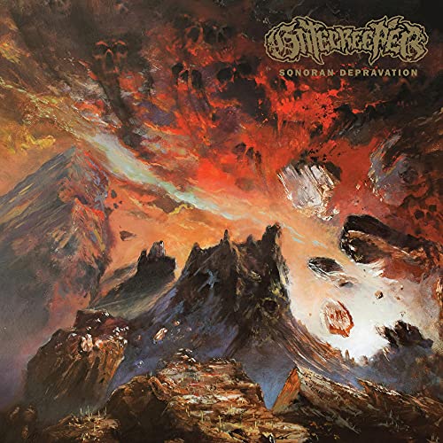 Gatecreeper album cover: fiery, abstract landscape with band logo and title.