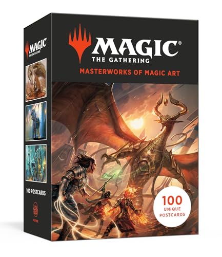 Box of 100 Magic: The Gathering postcards featuring fantasy art, including a dragon.