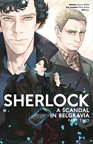 Sherlock, Watson, and Irene Adler illustrated in a comic book style.