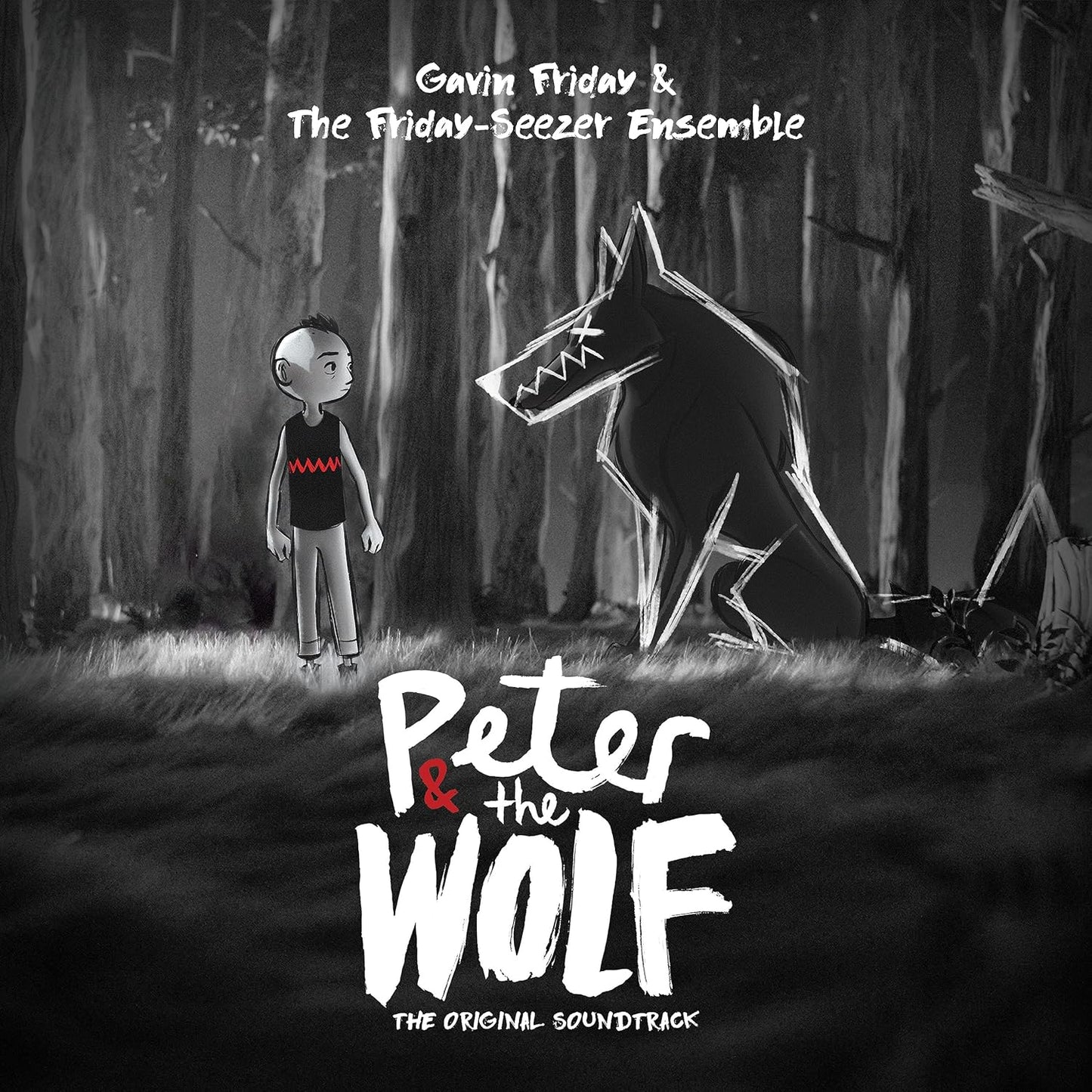 CD cover for Gavin Friday’s “Peter and the Wolf” with illustrated forest scene.
