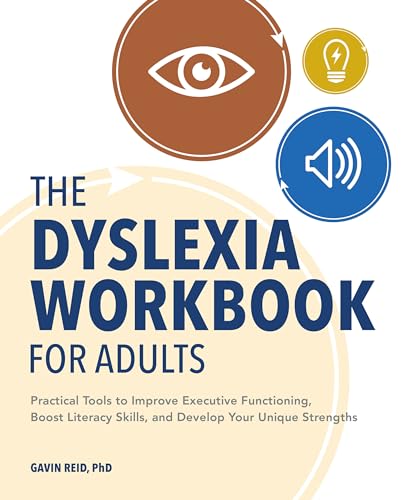 Book cover with eye, lightbulb, and speaker icons; title: "The Dyslexia Workbook for Adults".