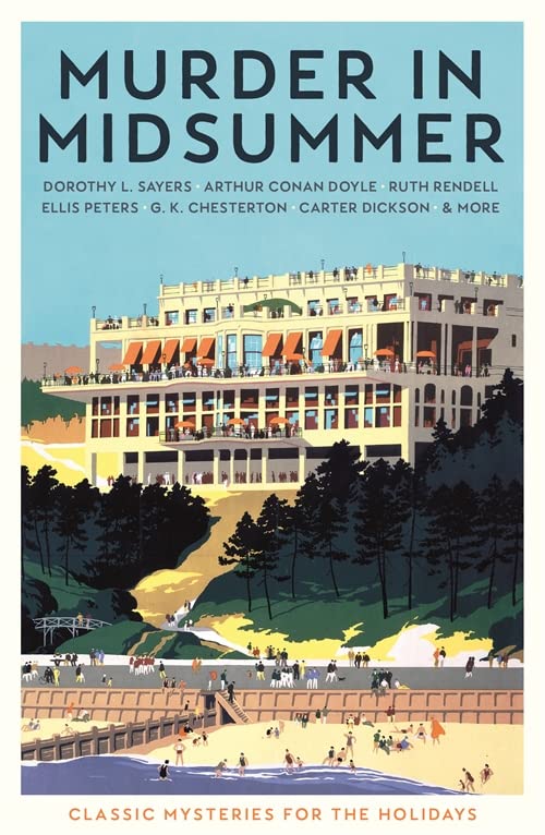 Book cover illustration of a large seaside hotel overlooking a beach with many people.