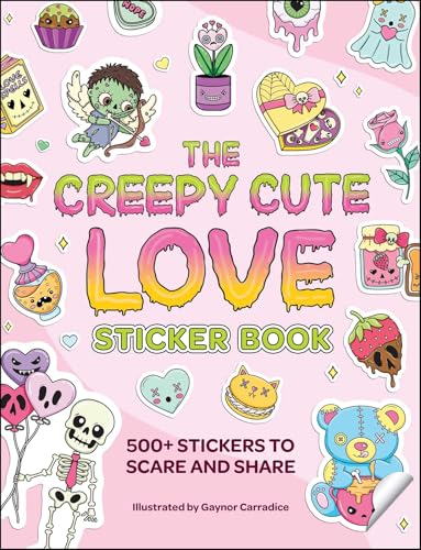 Sticker book cover with spooky-cute illustrations: hearts, skeletons, monsters, and sweets.