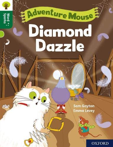 Book cover: cat, pigeon, and mouse in a sparkly, attic scene.