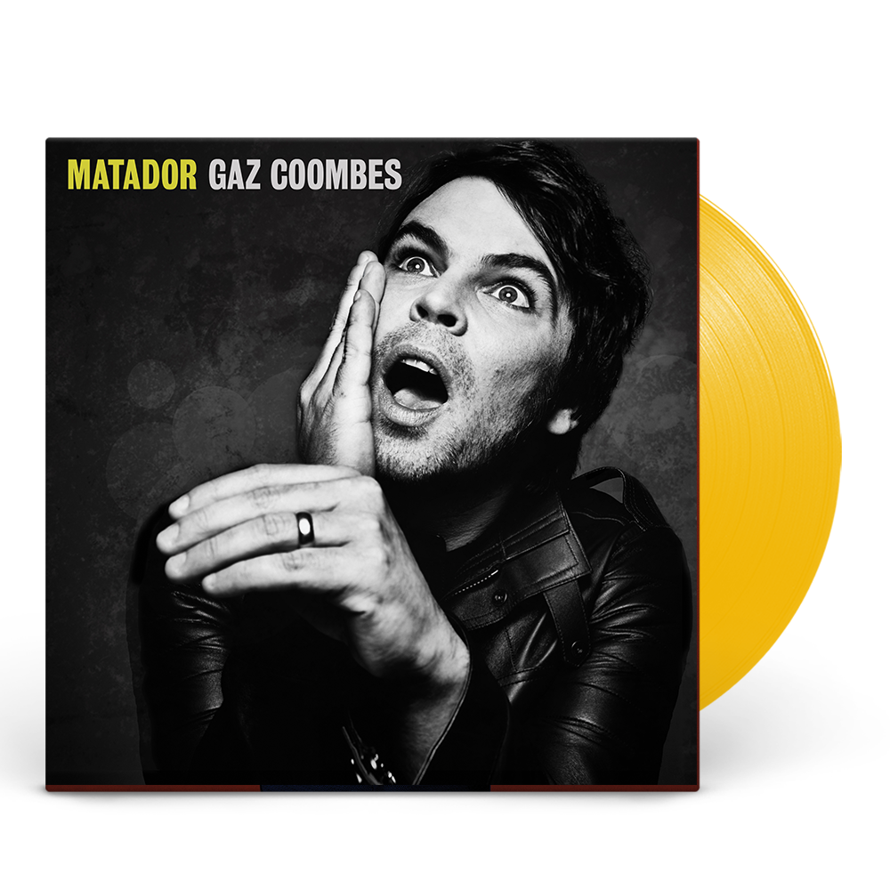 Vinyl record sleeve with a black-and-white portrait and a yellow vinyl disc.