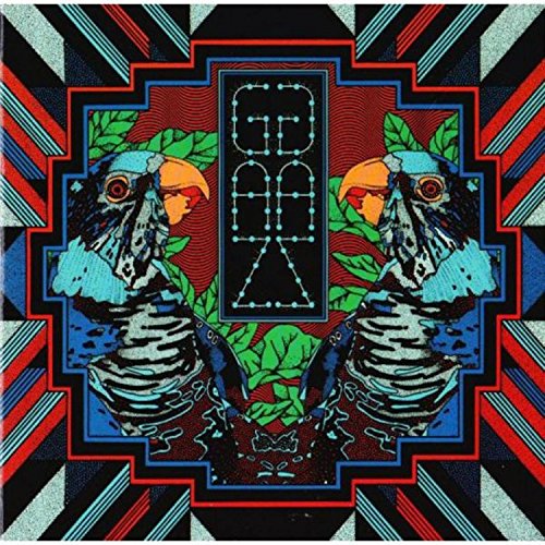 "Album cover with two parrots and abstract geometric patterns in red, blue, and black."