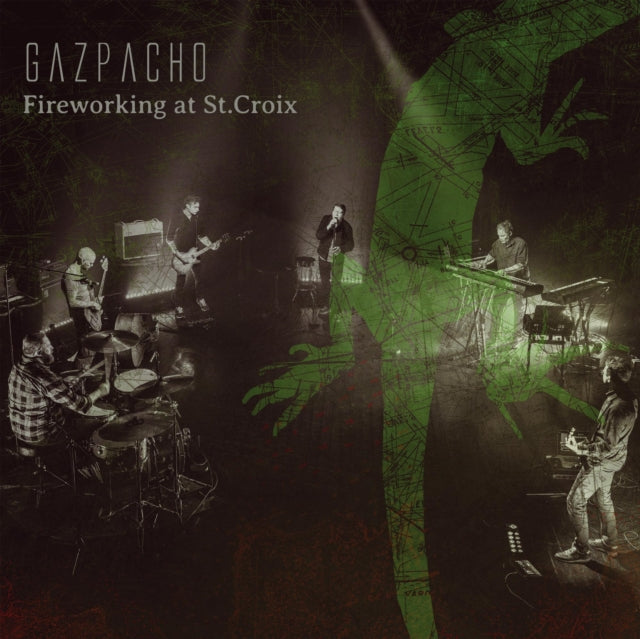 Band members performing on stage with a large green lizard silhouette overlay.