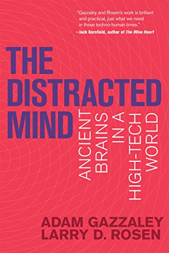 Book cover: “The Distracted Mind” with red and white text on pink.