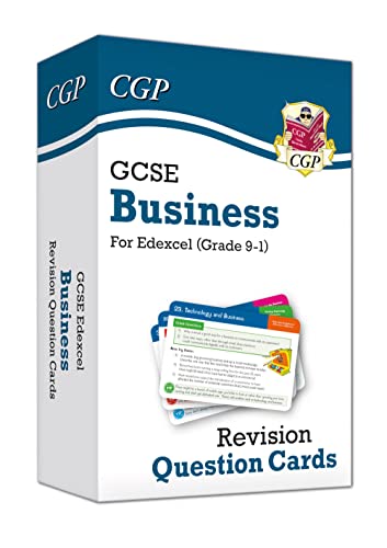 A box of CGP GCSE Business Edexcel revision question cards with a sample card shown.