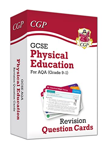 Red box of GCSE Physical Education revision question cards by CGP.
