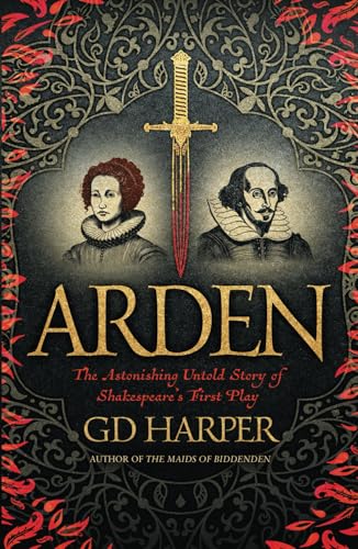 Book cover for “Arden” featuring portraits of a man and woman with a dagger.