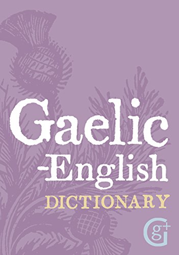 Purple cover of a Gaelic-English dictionary featuring a thistle illustration and G+ logo.