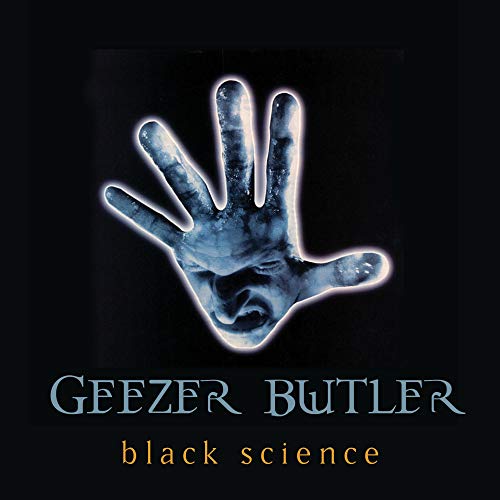 "Album cover with a blue handprint and text 'Geezer Butler black science' on a black background."
