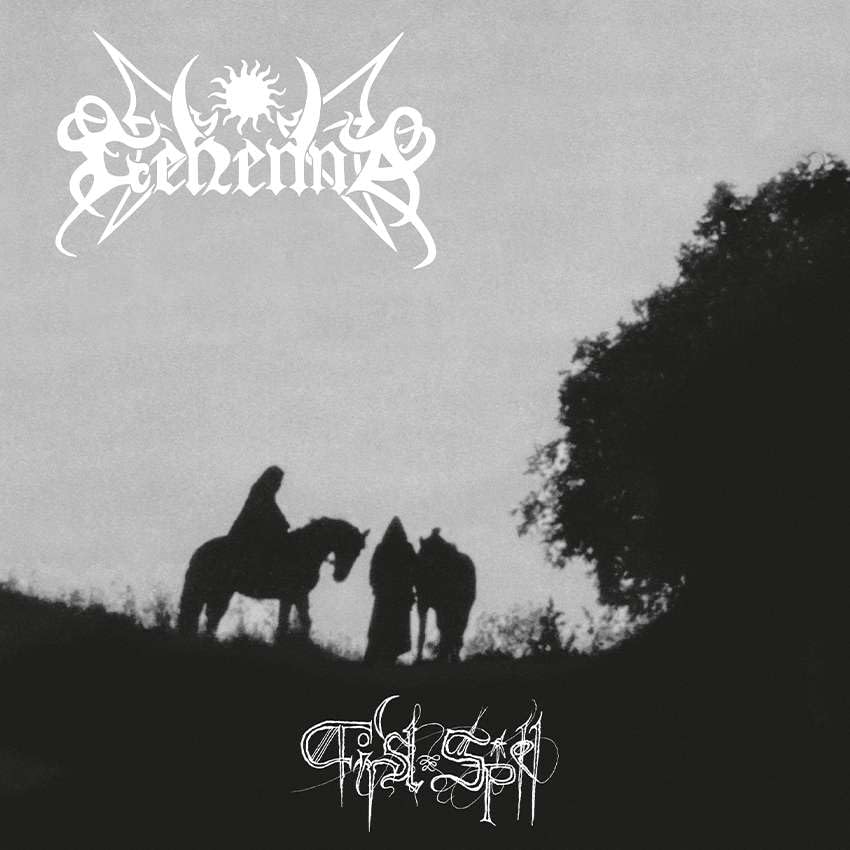Black and white album cover with figures on a hill, band logo above.