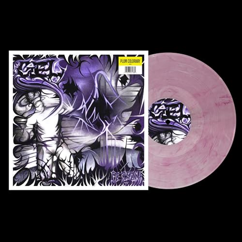 Purple vinyl record with illustrated cover art depicting a figure and swirls.