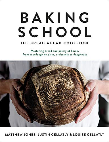 "Baking School: The Bread Ahead Cookbook" cover featuring a person holding a round loaf.