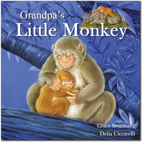 Book cover: large monkey hugging a smaller monkey, blue background.