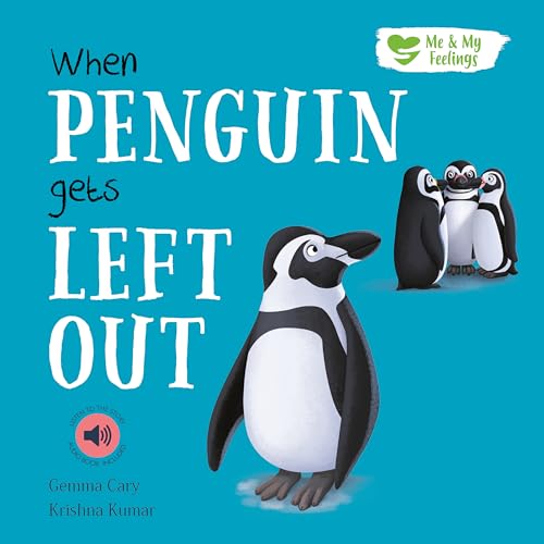 A lonely penguin stands apart from a group of three other penguins on blue.